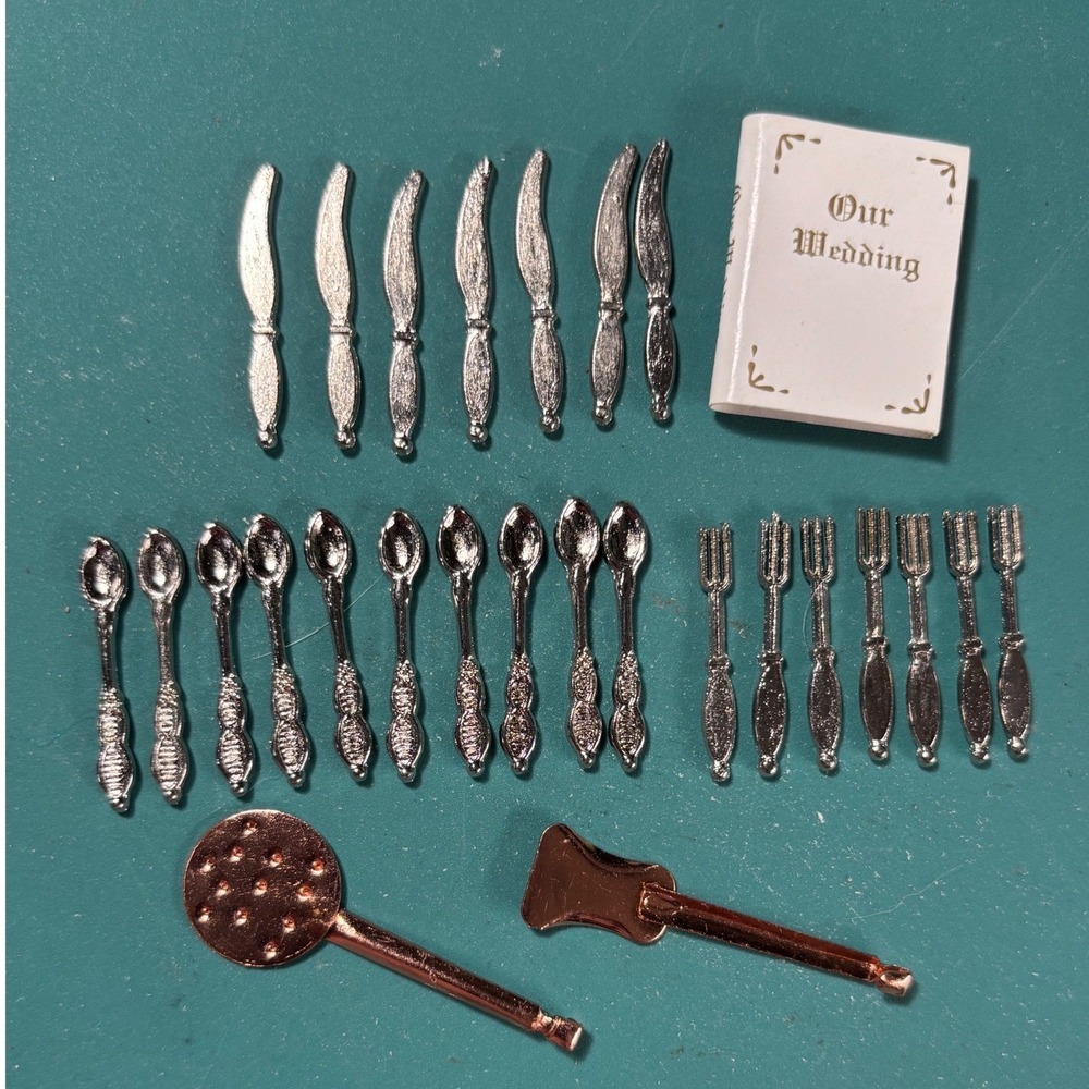 Vintage Miniature Dollhouse Silverware Set 28pc Wedding Book Kitchen Accessories